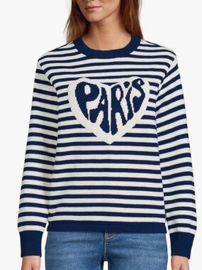 Lands' End Navy and White Striped 'Paris' Crewneck Sweater